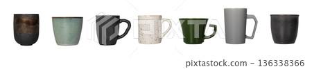 set of ceramic cups and mugs with varied colors, shapes, and surface finishes arranged in a single 136338366
