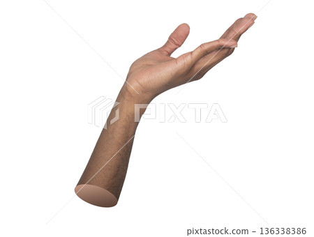 Close-up of a male hand with outstretched fingers and open palm, shown in a presenting gesture 136338386