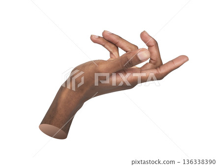 Close-up view of a right male hand with open palm and raised thumb, shown from the side in a 136338390