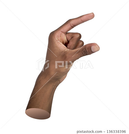 male hand making a small pinch gesture between thumb and index finger. The hand holds empty space male hand making a small pinch gesture between thumb and index finger. The hand holds empty space 136338396