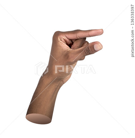 hand forming a small pinch gesture between thumb and index finger. The hand holds empty space for 136338397