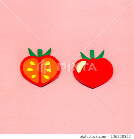 Tomato, whole and cross-section, collage style, colored construction paper illustration / with background Tomato, whole and cross-section, collage style, colored construction paper illustration / with background 136338592