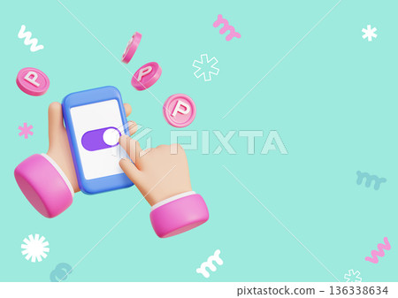 illustration of hands holding smartphone with toggle switch and floating pink coins on mint background 136338634
