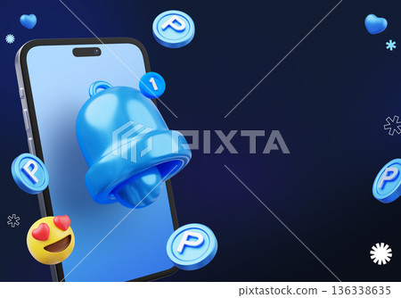 3D rendering of smartphone with notification bell and floating coins for digital reward marketing 136338635