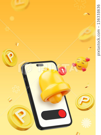 3D smartphone illustration with golden notification bell and floating coins on yellow background 136338636