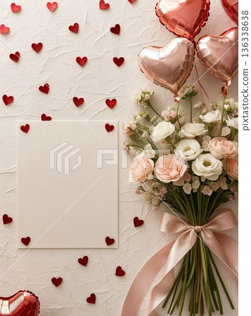 Cute romantic background template with heart balloons and flower bouquets 136338638