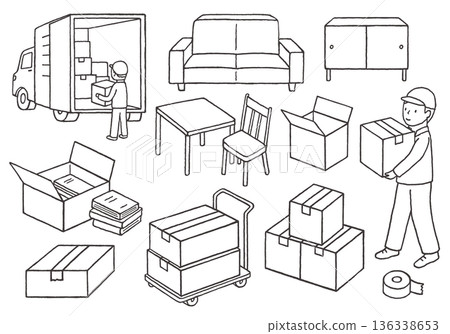 Hand-drawn illustration set related to moving (monochrome) 136338653