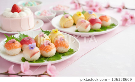 A table with celebratory temari sushi for Hinamatsuri A table with celebratory temari sushi for Hinamatsuri 136338669