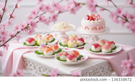 一張擺放著慶祝女兒節的手鞠壽司的桌子。 136338672