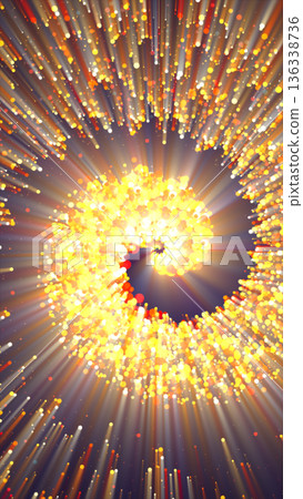 Bright swirling explosion of golden particles creating a radiant vortex of glowing light 136338736