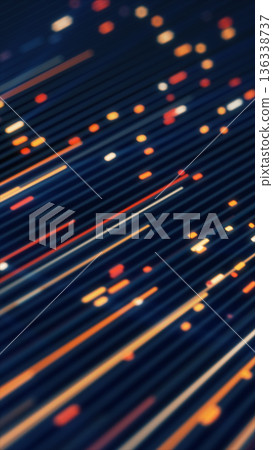 Dynamic diagonal data-like streaks with glowing orange and yellow particles on a dark futuristic surface Dynamic diagonal data-like streaks with glowing orange and yellow particles on a dark futuristic surface 136338737