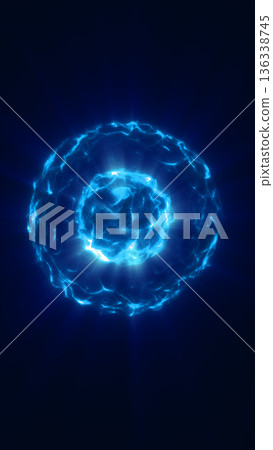 Glowing blue spherical energy formation with radiant light and textured particle layers in a dark cosmic space 136338745