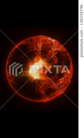 Fiery red molten sphere with glowing fractures and intense internal heat radiating from the core 136338746