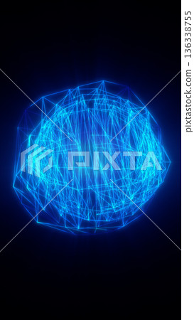 Glowing blue wireframe sphere with connected lines, futuristic digital globe concept for AI, network, cyberspace, and technology innovation on dark background 136338755