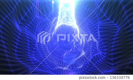 Intense blue electric mesh forming a bright digital tunnel with swirling geometric lines and neon energy patterns 136338776