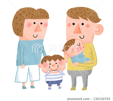 年輕家庭撫養嬰兒和幼兒的插圖。 136338793