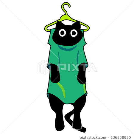 A Black cat on a green clothes hanger 136338930