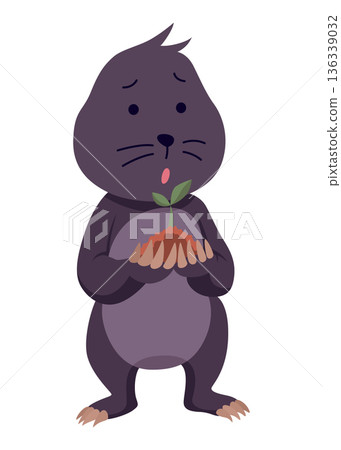Vector cartoon mole with a small plant. Cute illustration of funny animal for children design 136339032