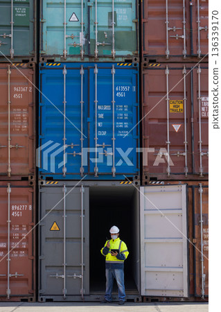 Foreman or worker work at Container cargo site check up goods in container. Foreman or worker work at Container cargo site check up goods in container. 136339170