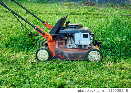 Landscaping.Professional grass cutting on lawns with handle mower 136339246