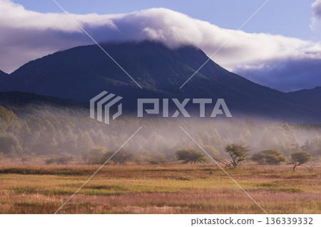 Mt. Nantai and clouds in the morning mist of autumn leaves Mt. Nantai and clouds in the morning mist of autumn leaves 136339332