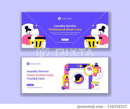 Horizontal Banner Illustration for Laundry Service with Flat Cartoon Hand Drawn Design 136339337