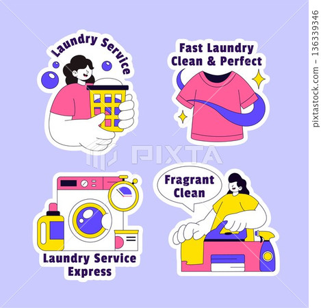 Laundry Service Label Flat Cartoon Hand Drawn Illustration with Clean Concept 136339346