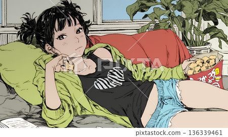 A young woman watching a video alone while eating potato chips 136339461