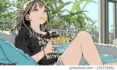 A young woman watching a video alone while eating potato chips 136339462