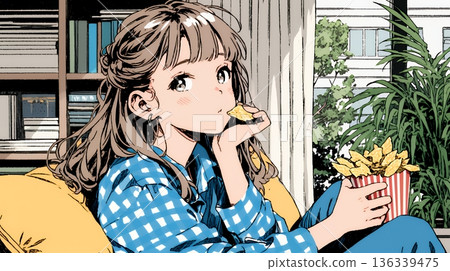 一位年輕女子獨自一邊吃薯片一邊看影片。 136339475