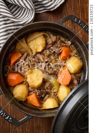 Nikujaga (meat and potatoes) simmered in a pot Nikujaga (meat and potatoes) simmered in a pot 136339725