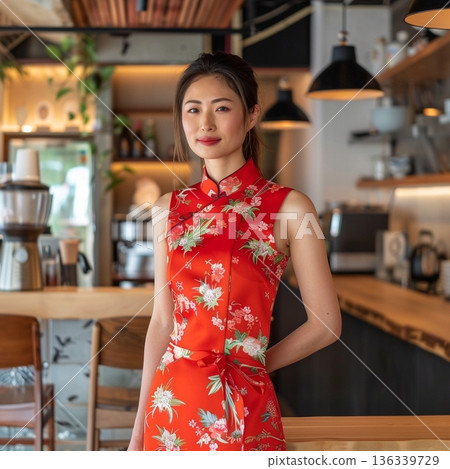 Portrait of a Japanese woman wearing a Chinese dress Image of a waitress at a Chinese restaurant or cafe 136339729