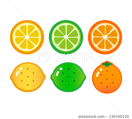 Cute citrus fruit illustrations (lemon, lime, orange) 136340130
