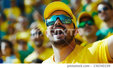 Enthusiastic Fan Smiling with Yellow Cap and Sunglasses at Stadium 136340199