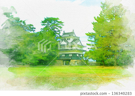 [愛知縣] 豐橋市今橋町吉田城鐵塔水彩畫 136340283