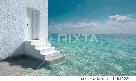 一個絕美的度假勝地景色,白色的大門和階梯通往大海。 一個絕美的度假勝地景色,白色的大門和階梯通往大海。 136340295