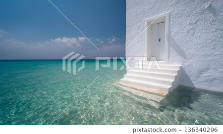 一個絕美的度假勝地景色，白色的大門和階梯通往大海。 136340296