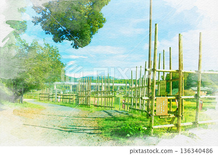 Watercolor painting of the horse fence at the Battle of Shitaragahara in Shinshiro City, Aichi Prefecture 136340486