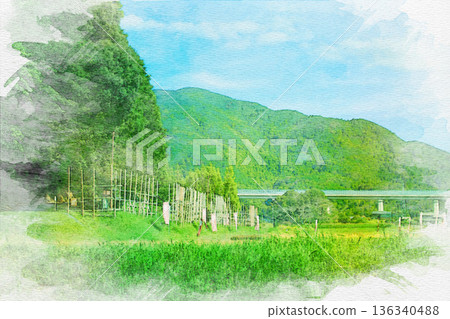 Watercolor painting of the horse fence at the Battle of Shitaragahara in Shinshiro City, Aichi Prefecture 136340488