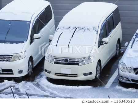 A car with its wipers up during snowfall A car with its wipers up during snowfall 136340510