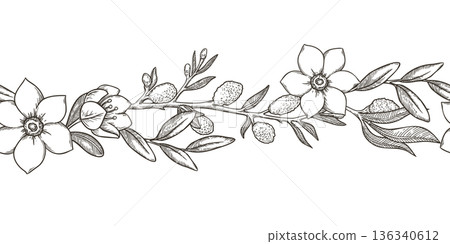 Seamless border with white flower and blooming willow in vintage sketch style. Hand drawn vector decorative festive design. Outline graphic ideal for Easter card template and spring holiday season. Seamless border with white flower and blooming willow in vintage sketch style. Hand drawn vector decorative festive design. Outline graphic ideal for Easter card template and spring holiday season. 136340612