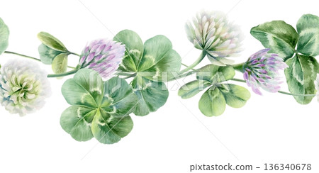 Seamless border of shamrocks and four leaves clover,lilac and white flowers.Watercolor ilustration,symbolizing luck and new beginnings,for wedding invitations,bridal party decor,romantic celebrations Seamless border of shamrocks and four leaves clover,lilac and white flowers.Watercolor ilustration,symbolizing luck and new beginnings,for wedding invitations,bridal party decor,romantic celebrations 136340678