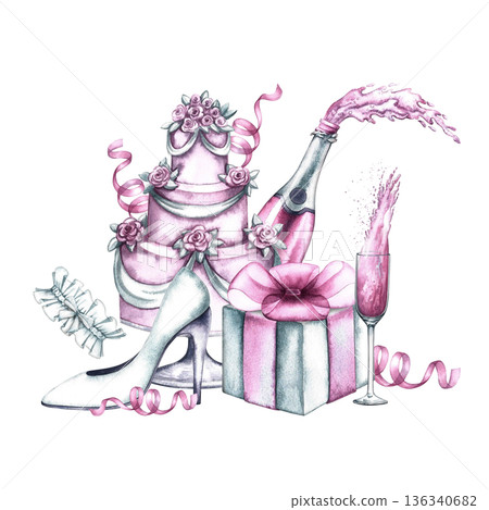 A festive cake with pink champagne, a gift, and a bride's shoe. Hand-drawn watercolor illustration. Perfect for weddings and bachelorettes, invitation and greeting cards, banners, and posters. 136340682