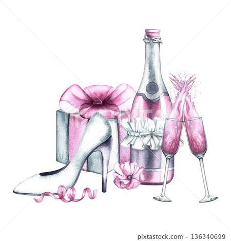 Pink champagne, gift and bride's shoe. Hand-drawn watercolor illustration. Perfect for weddings and hen parties, invitation and greeting cards, banners and posters. Pink champagne, gift and bride's shoe. Hand-drawn watercolor illustration. Perfect for weddings and hen parties, invitation and greeting cards, banners and posters. 136340699