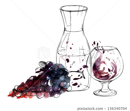 Wine or juice decanter, balloon glass with liquid watercolor splash, grape bunch cluster ink silhouette. Isolated illustration hand drawn for drink menus, wine club invitations, gourmet publications 136340704