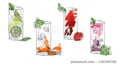 Hand drawn vector set of refreshments in highball ink glasses, colorful abstract fill. Mojito, Long Island, Bloody Mary cocktails. Juice splatter, ice cubes, mint leaves garnish. Menu stamps, stickers Hand drawn vector set of refreshments in highball ink glasses, colorful abstract fill. Mojito, Long Island, Bloody Mary cocktails. Juice splatter, ice cubes, mint leaves garnish. Menu stamps, stickers 136340706