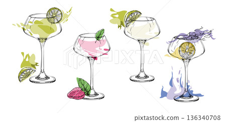 Coupe glasses filled with Daiquiri, Margarita cocktails, clear spirits with citrus slices and burning flame serve. Ink outlines, hand drawn vector for product seals, drink bar kits, holiday cards. 136340708