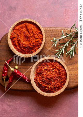 Colorful Chili Powder And Dried Red Chilies On Wooden Surface Colorful Chili Powder And Dried Red Chilies On Wooden Surface 136340732