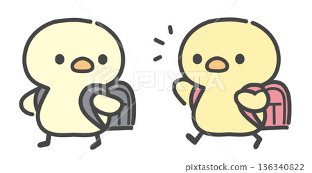 A hand-drawn illustration of a chick carrying a red and black school bag to and from school A hand-drawn illustration of a chick carrying a red and black school bag to and from school 136340822