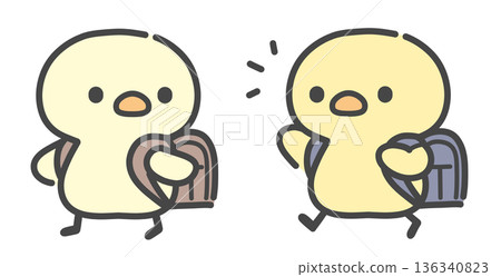 A hand-drawn illustration of a chick carrying a school bag or backpack to and from school 136340823